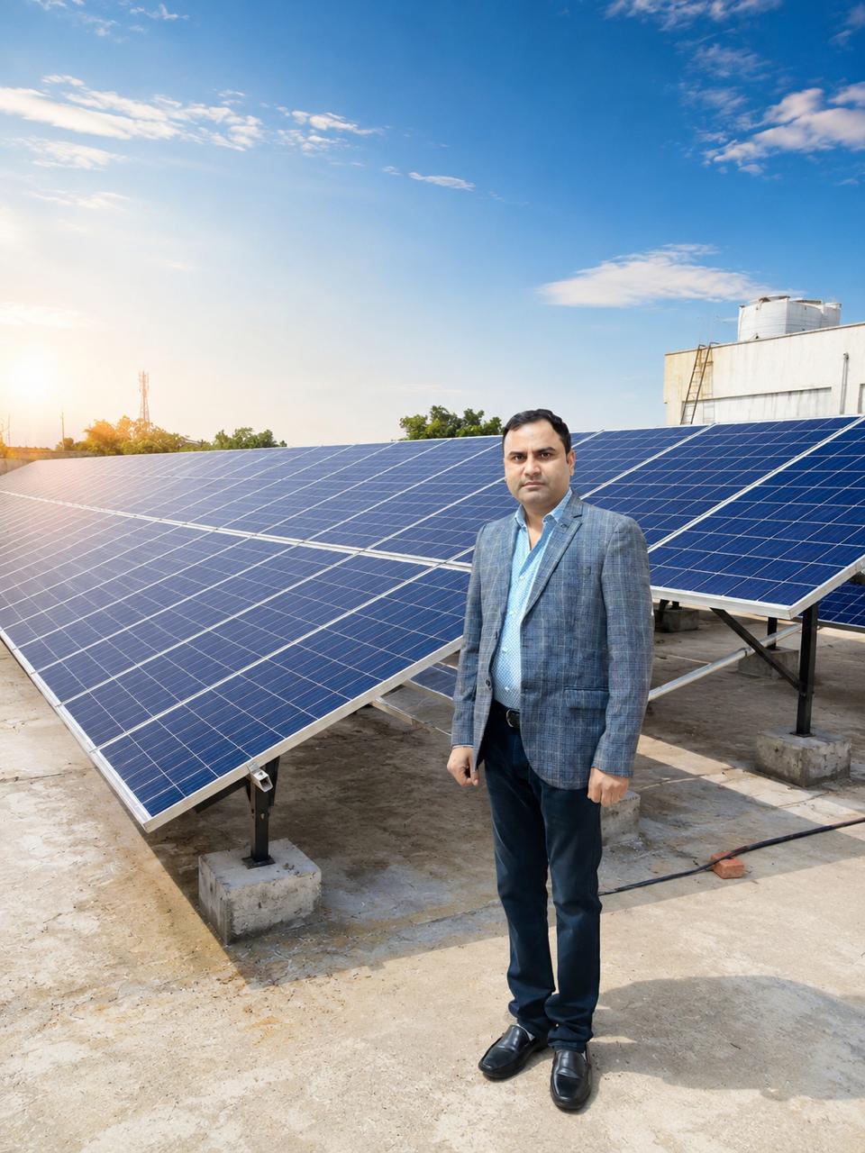 Owner of Choudhary Electricals  inspecting a premium commercial solar panel array on-site